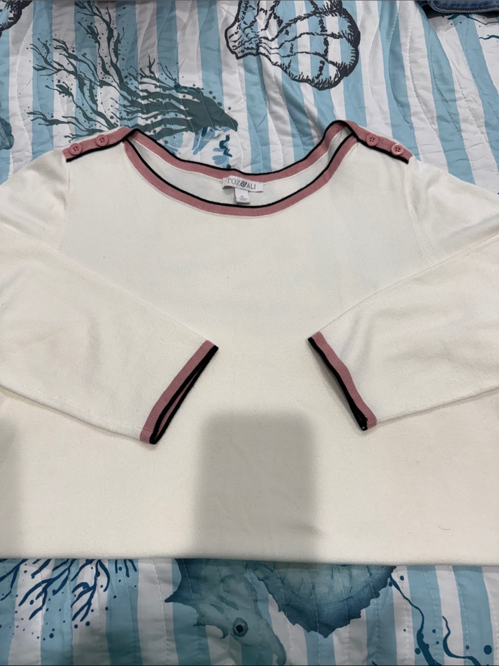 Roz & Ali Cream Crewneck Sweater with Pink Trim